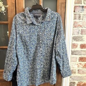 Tommy Hilfiger Shirt Womens 1X Floral Print Blue Green Button Up Daisy